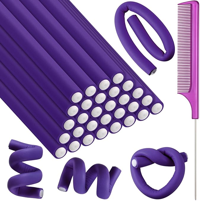 Syhood 30 Pcs 7'' Flexible Curling Rods Twist Foam Hair Rollers Soft Foam No Heat Hair Rods Rollers and 1 Steel Pintail Comb Rat Tail Comb for Women Long Short Hair(Purple,7 x 0.47 Inch)-Velvo Beauty