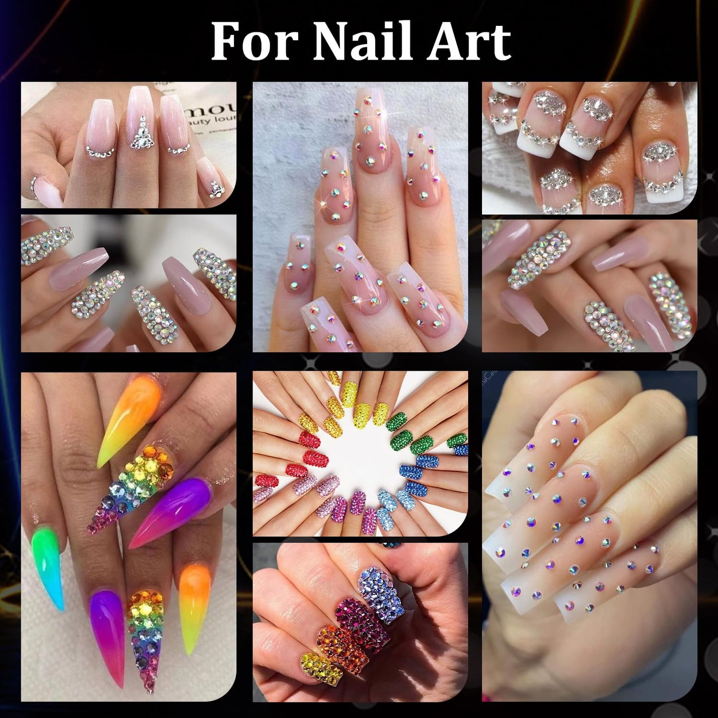 Rhinestones for Nails, Manicure Gem, Flatback Glass Crystal AB + Transparent Clear Gemstones and Colorful Resin Beads, 2-5mm Round Gems for Professional Salon DIY Nail Art with Pickup & Dotting Tools-Velvo Beauty