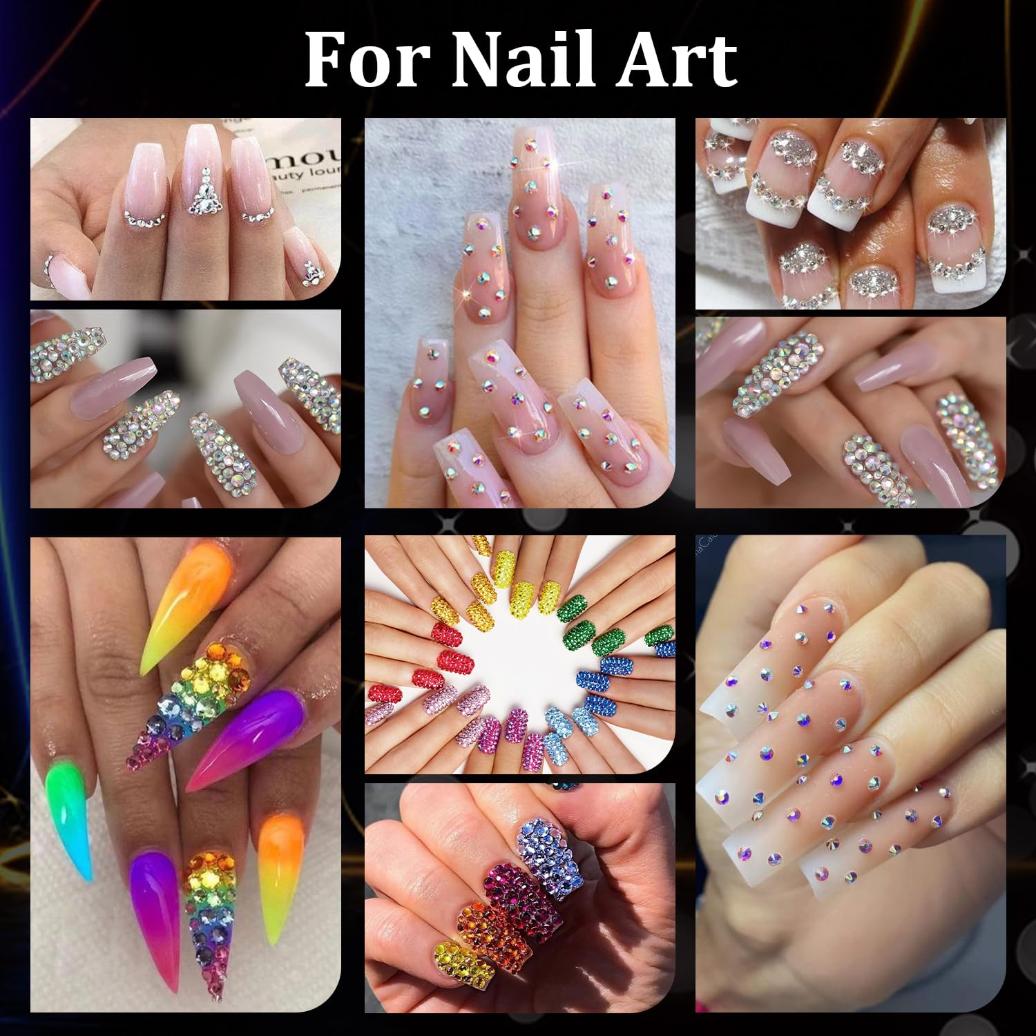 Rhinestones for Nails, Manicure Gem, Flatback Glass Crystal AB + Transparent Clear Gemstones and Colorful Resin Beads, 2-5mm Round Gems for Professional Salon DIY Nail Art with Pickup & Dotting Tools-Velvo Beauty