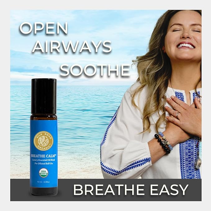 Silk Road Organic Breathe Calm Essential Oil Breathe Easy Blend Roll On, 100% Pure USDA Certified Aromatherapy for Cold, Cough, Congestion, Allergy Relief, & Wellness - 10 ml Roller-Velvo Beauty