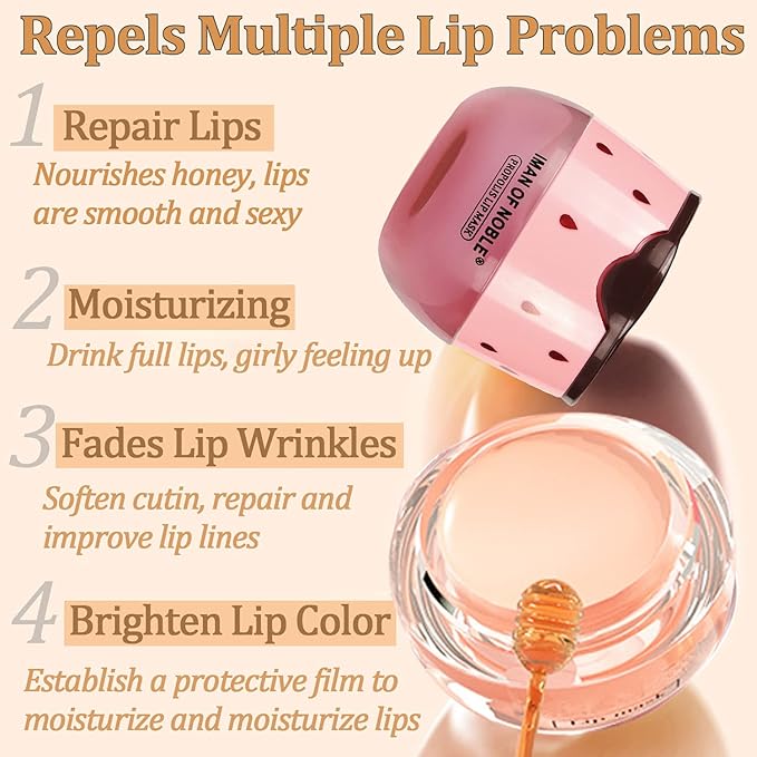 2PCS Strawberry Sleeping Lip Mask,Bee Lip Balm Lip Mask Honey Pot Propolis Moisturizing Lip Balm with Stick,Plumping Lip Hydrating Prevention Dry & Cracked Lip Scrubs Exfoliato Lip Wrinkle Care-Velvo Beauty