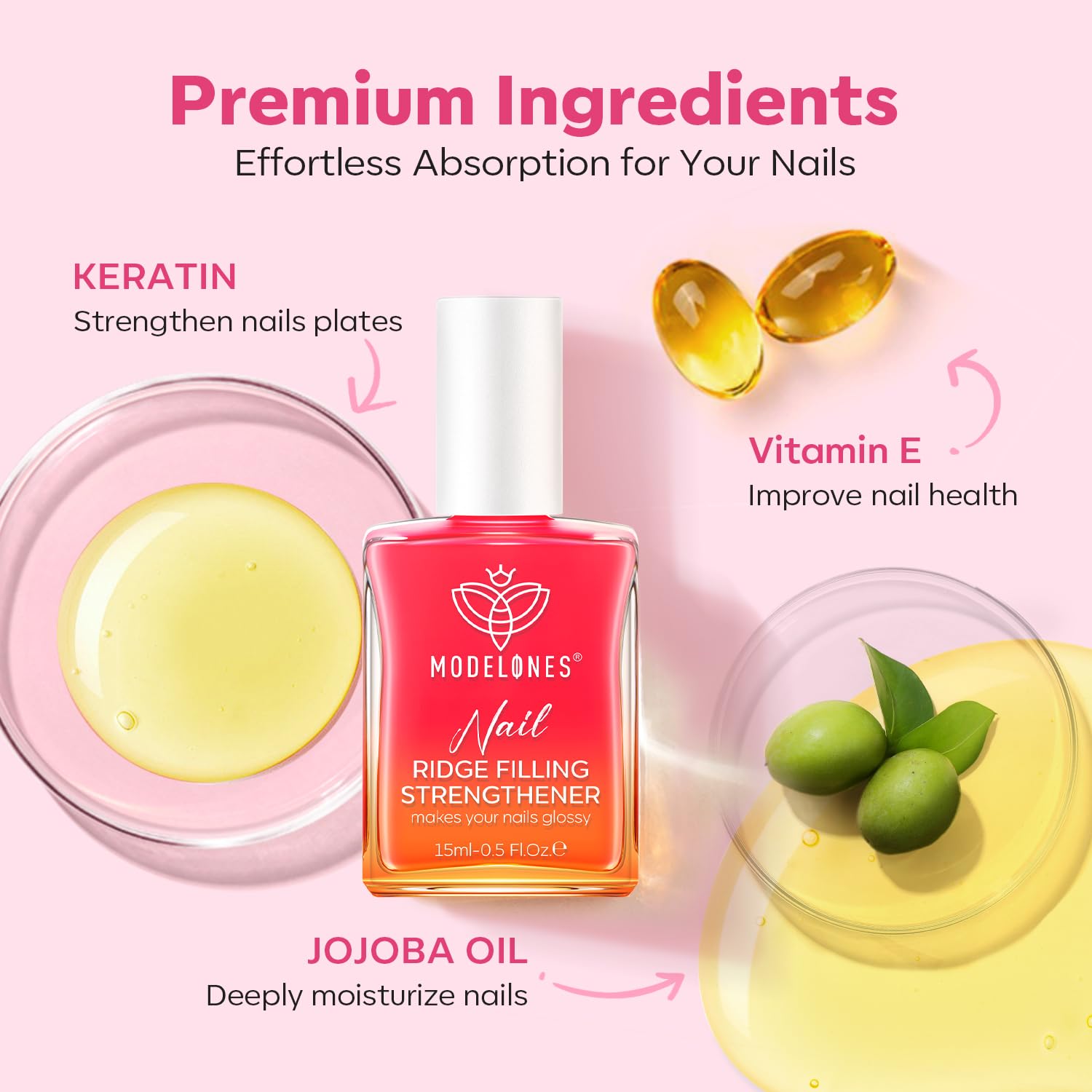 modelones Nail Strengthener Jelly Pink Nail Polish Repair 8-in-One Nail Ridge Filler Nail Strengthener and Growth for Damaged Nails 15ml-Velvo Beauty