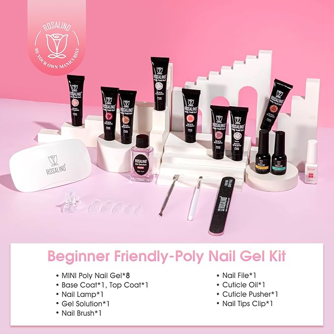 ROSALIND Poly Nail Gel Kit -8 Colors + White Brown Accessories Clear Nude Poly Nails Gel Starter Kit With Slip Solution Nude Pink Extensions Set with Mini UV Lamp-Velvo Beauty