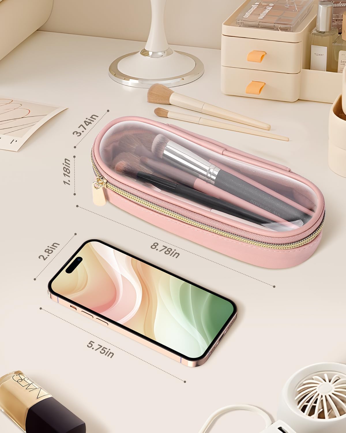 Clear Travel Makeup Brush Holder, Leather Makeup Brush Toiletry Bag, Portable Cosmetic Brush Case, Transparent Waterproof Makeup Brush Storage Bag, Pink, Large-Velvo Beauty