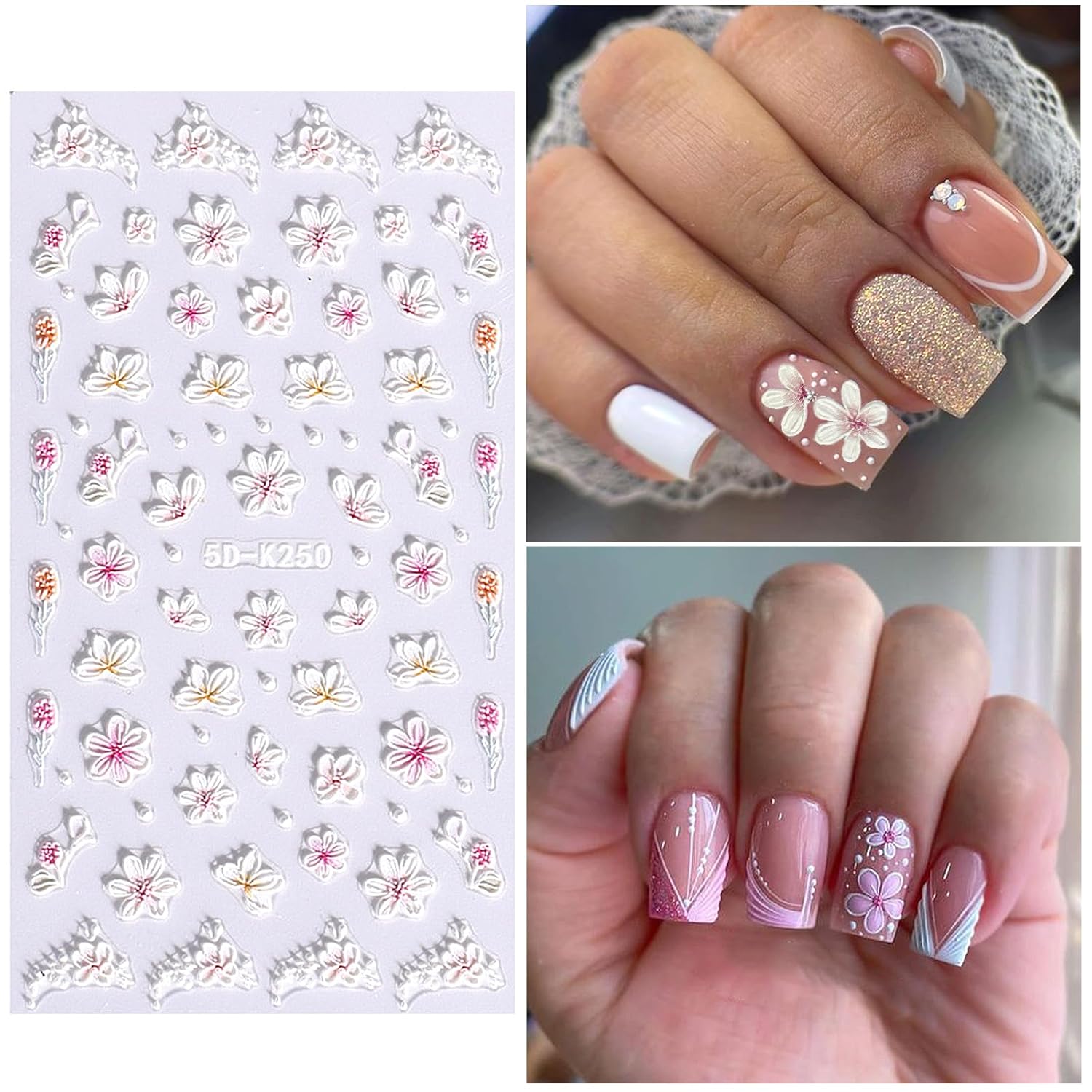 Pink Flower Nail Art Stickers Decals 5D Embossed Nail Decals Spring Summer Nails Art Design Self-Adhesive Supplies Accessories 3D Flower Stickers for Women Nails DIY Decoration-Velvo Beauty