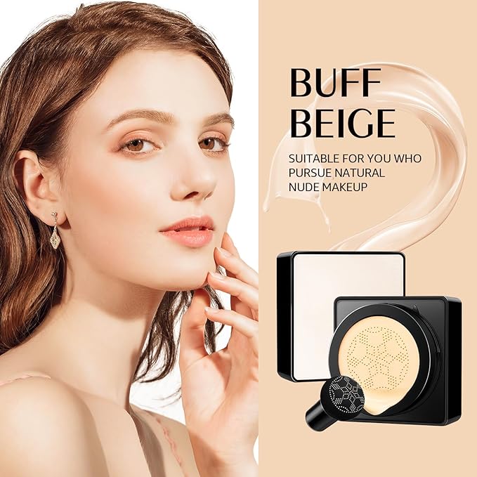 Air Cushion CC Cream Mushroom Head, Soothing Full Coverage Concealer CC Cream with Mushroom Makeup Sponge for Flawless Face Makeup (Buff Beige)-Velvo Beauty