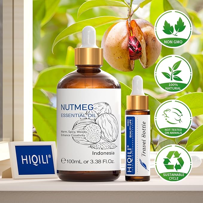 HIQILI Nutmeg Essential Oil 3.38 Fl Oz, Pure Natural Nutmeg Oil for Aromatherapy, Diffuser - 100ml-Velvo Beauty