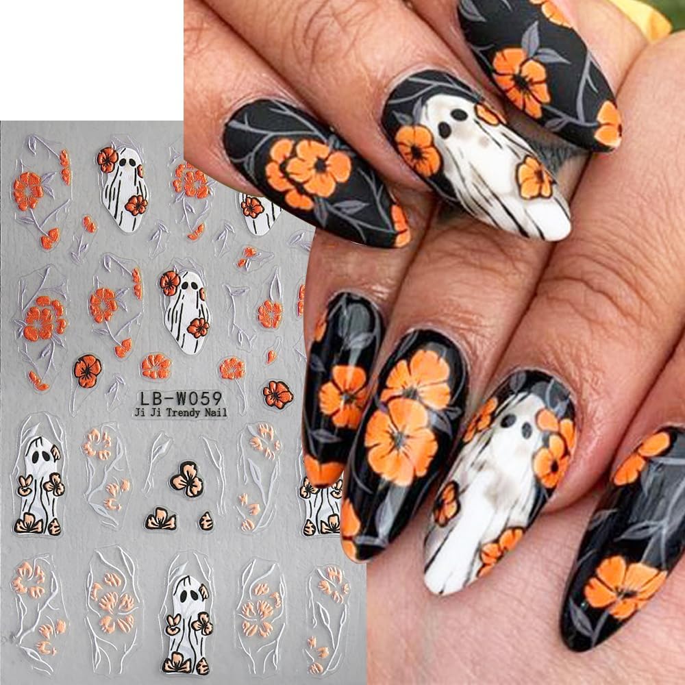 5 Sheets Halloween Nail Art Stickers Horror Ghost Self-Adhesive Embossed Flower Skull Nail Decals - with Cute Sunflower Strawberry Spider Ghost Designs for Women Girls DIY Nail Decoration-Velvo Beauty