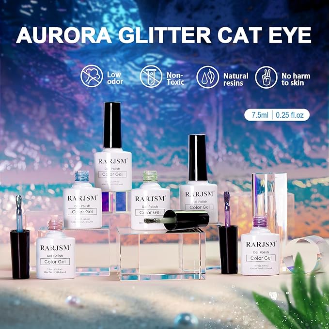 RARJSM Aurora Mermaid Cat Eye Gel Nail Polish Set 6pcs Reflective Pink Purple Green Blue Diamond Ceramic Glitter Glass Cateye Gelpolish with Magnet Stick 7.5ml Curing Requires Soak Off for Home Salon-Velvo Beauty