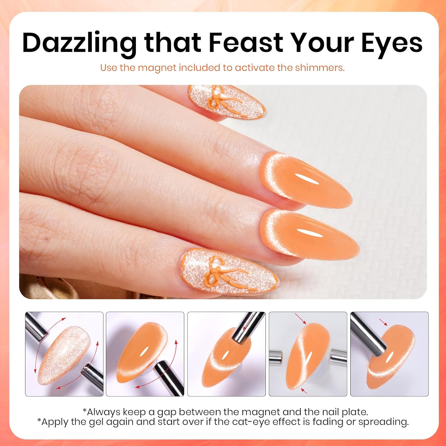 Beetles Orange Cat Eye Gel Polish, 15ML Orange Cat Eye Glitter Gel Polish with Magnet Soak Off UV Shimmer Velvet Gel Twilight Glow Series French Nail Art Design Manicure Gifts for Women-Velvo Beauty