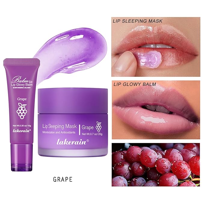 2Pcs Lip Glowy Balm and Lip Sleeping Mask Set, with 4 Flavor Options - Reduce Lip Lines, Enhance Lip Color, Hydrate & Plump Dry Chapped Lips Care (Grape)-Velvo Beauty