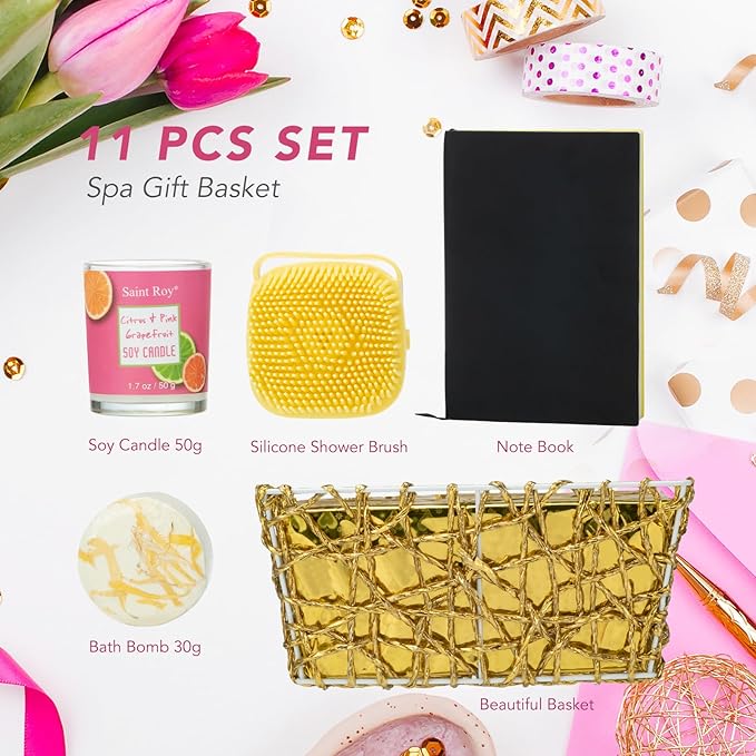 Bath & Body Gift Set, Luxury Home Spa Bath Gift Basket Citrus & Pink Grapefruit Spa Kit Gift Woman, 11 Pcs Self Care Kit Gifts With Bubble Bath, Massage Oil, Bath Brush, Birthday Gifts for Women-Velvo Beauty