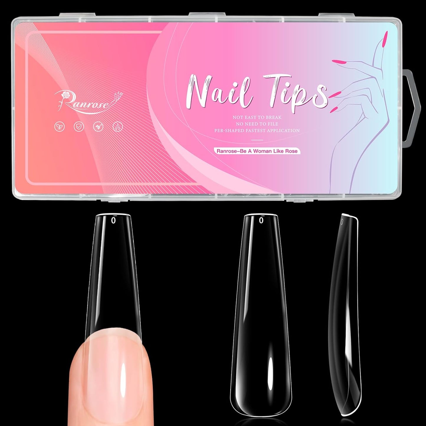 Ranrose Long Coffin Nails Tips: 240pcs XXL Acrylic Nails Clear C Curve Coffin False Nail, Full Cover Fake Nails for Nail Extension, 12 Sizes-Velvo Beauty
