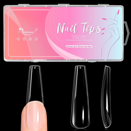 Ranrose Long Coffin Nails Tips: 240pcs XXL Acrylic Nails Clear C Curve Coffin False Nail, Full Cover Fake Nails for Nail Extension, 12 Sizes-Velvo Beauty