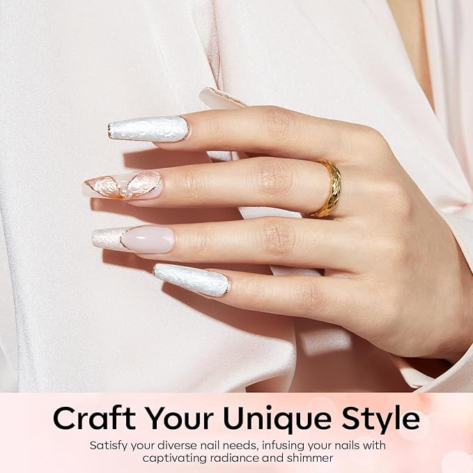 modelones Pearl Gel Nail Polish, 6 Colors Shimmer Glitter Iridescent White Nude Blue Pink Mermaid Nail Drawing Soak Off Gel Polish Swirl Shell Thread Effect Gift DIY at Home with Dotting Pen-Velvo Beauty