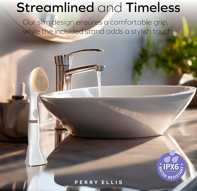 Perry Ellis 3-in-1 Beauty Brush with Silicone Face Cleanser, Makeup Applicator, and Metallic Eye-Massaging Plate, IPX6 Water-Resistant Electric Skincare Accessory with 3 Vibrating Modes and Stand-Velvo Beauty