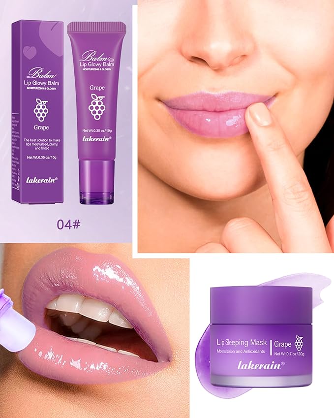 2Pcs Lip Glowy Balm & Lip Sleeping Mask Set,Hydrating Nourishing Repair Sleeping Lip Mask,Glossy Tinted Lip Balm,Day & Night Smooth Cracked Chapped Dry Lip,Lip Care Therapy Treatment for Women-04Grape-Velvo Beauty