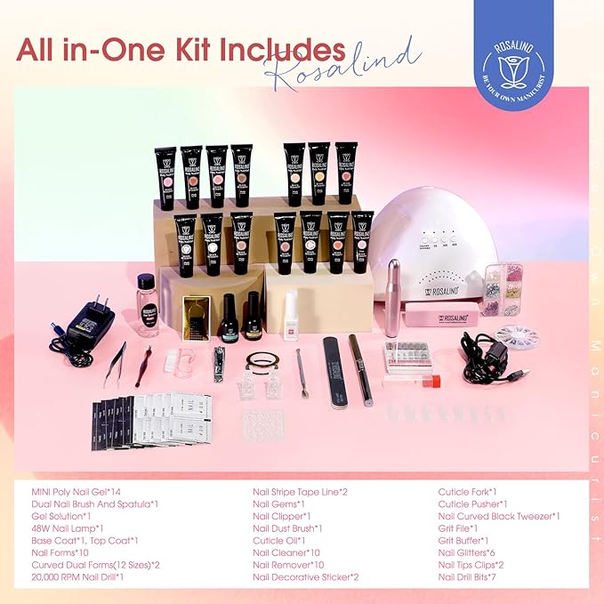 Poly Nail Gel Starter Kit -14 Colors + 75 Nails Art Accessories Kits, ROSALIND Nue Clear Poly Extension Gel with Big UV Light 48W and Electric Nail Drill Starter Kit with Everything-Velvo Beauty