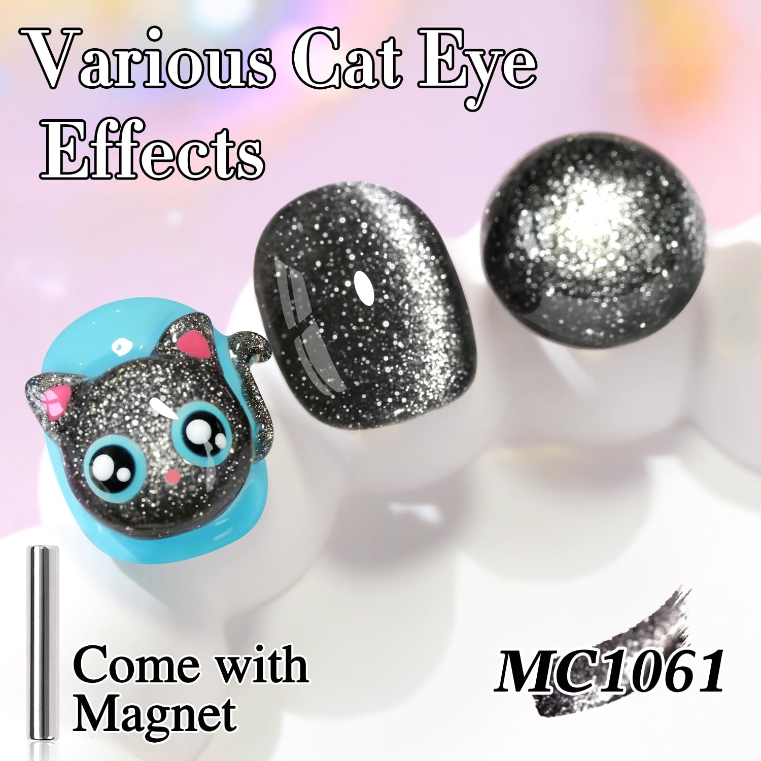 Double Rhythm Jelly Glass Cat Eye Gel Polish with Magnet 15ML Holographic Glitter Shimmer Translucent Sheer Color Magnetic Nail Polish Salon DIY at Home (Black Glitter-MC1061)-Velvo Beauty