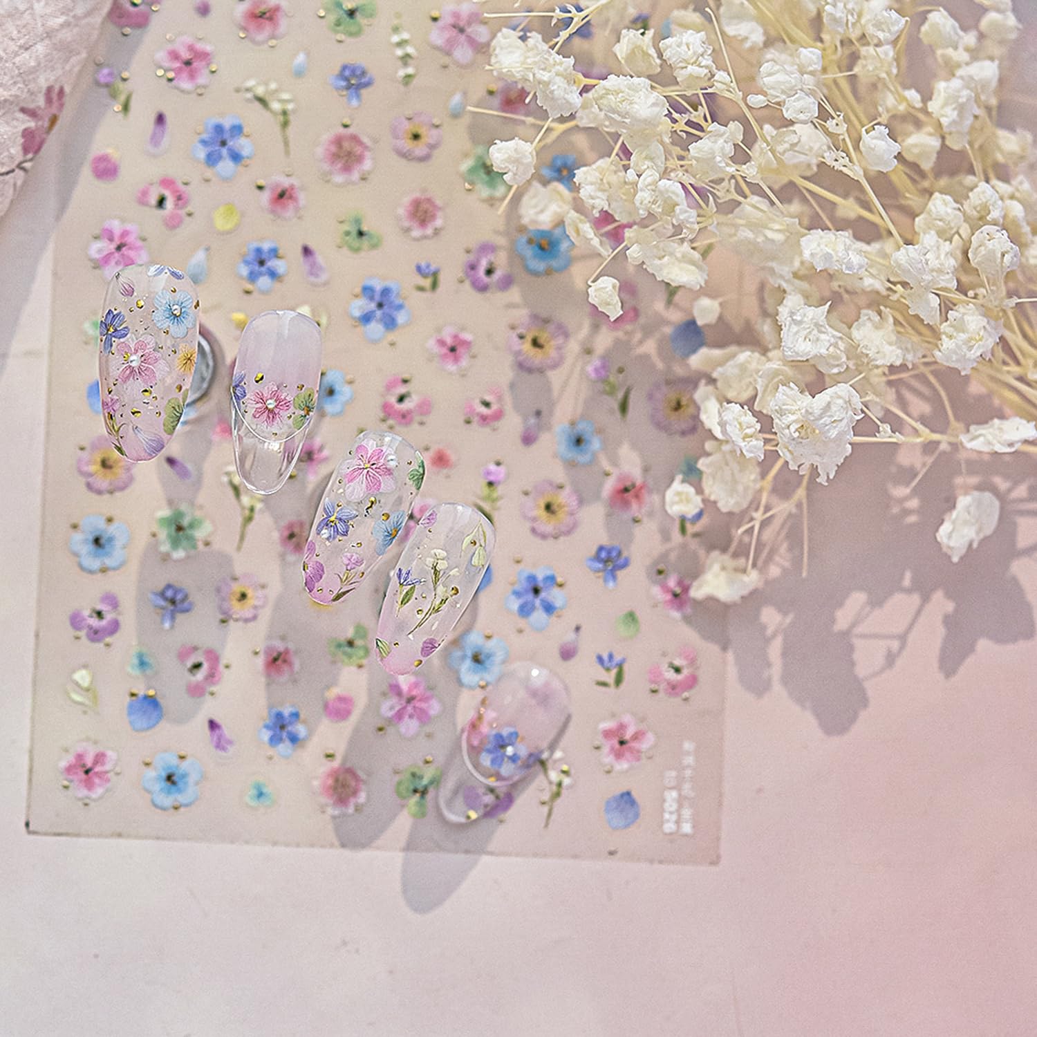 Dried Flower Nail Art Stickers Colorful Flowers Nail Decals for Acrylic Nails 3D Self Adhesive Glitter Designs Nail Sticker Cute Floral Nail Decal Spring Summer Manicure Supplies for Women DIY Decor-Velvo Beauty