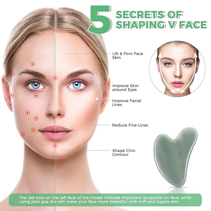 Gua Sha Guasha Facial Tools - Guasha Tool for Face Gua Sha Jade Stone Larbois Gua Sha Scraping Massage Tool for Face and Body SPA Acupuncture Therapy Relieve Muscle Tension Reduce Puffiness (Green)-Velvo Beauty