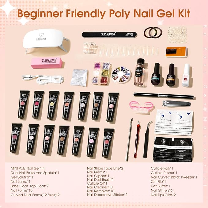 ROSALIND Poly Nail Gel Kit -14 Colors +72 Nail Art Accessories kit Clear Nude Poly Nails Gel Kit Starter Kit with Mini UV Lamp Slip Solution Basic Tools for Beginners with Everything-Velvo Beauty