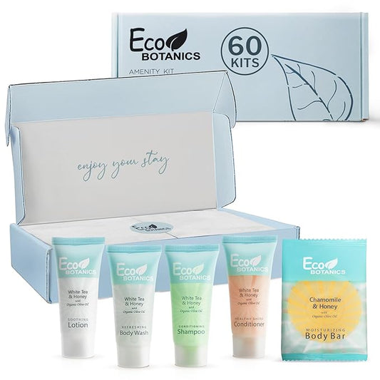 Eco Botanics Amenity Kit | Boxed Hotel Toiletries | Bulk Set .85 oz Travel Size Shampoo, Conditioner, Lotion, Body Wash & Body Bar Soap for Guest Hospitality AirBnB/Vacation Rentals | 60 sets per case-Velvo Beauty