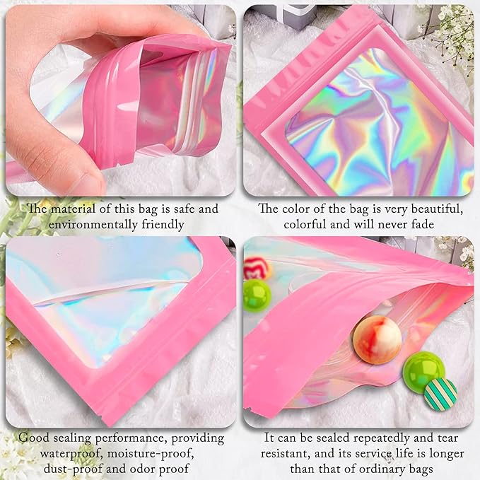 100 Pack Holographic Bags, Resealable Bags Packaging Bag with Clear Window Resealable Odor Foil Pouch for Food Storage, Lipgloss&Jewelry Lash Packaging(Pink, 2.4 x 3.9 Inch)-Velvo Beauty