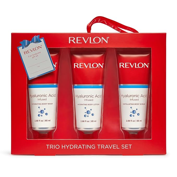 REVLON Get Carried Away Trio Hydrating Travel Set, Hyaluronic Acid Infused, Hydrating Body Wash, Body Lotion, Exfoliating Body Scrub, 3 Count (2.88 fl oz)-Velvo Beauty