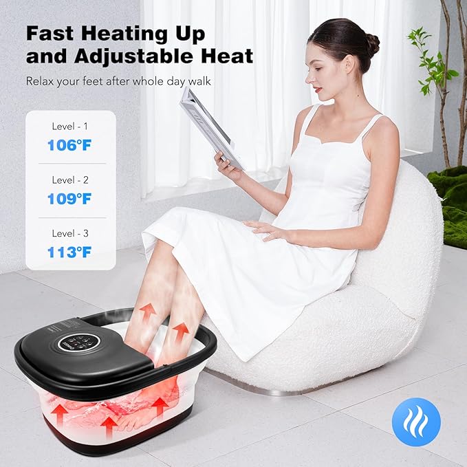 Collapsible Foot Spa Bath with Heat, Remote Control, Temperature Control, Bubbles, Pumice Stone, Red Light, Timer, 16 Massage Roller Pedicure Foot Spa Foot Soaker for Soothe & Relax Tired Feet-Velvo Beauty
