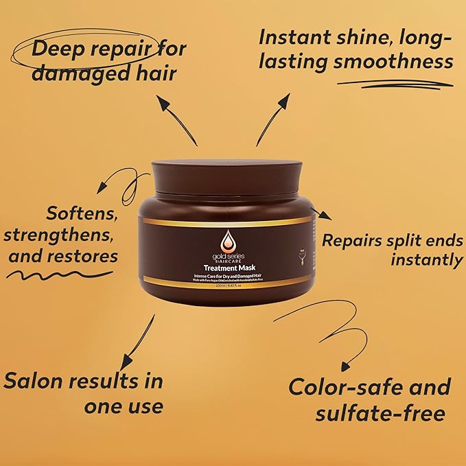 Gold Series Treatment Mask – Deep Hydrating Argan Oil Hair Mask for Dry, Damaged, Color Treated and Curly Hair Enriched with Keratin – Sulfate Free Natural Hair Repair Treatment, 8.45oz-Velvo Beauty