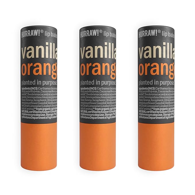 Hurraw! Vanilla & Orange Lip Balm, 3 Pack: Plastic-Free with new cardboard push-up tube. Certified Organic, All Natural Origin, Vegan & Cruelty Free. Gluten, Bee, Shea, Soy & Palm Free. Made in USA-Velvo Beauty
