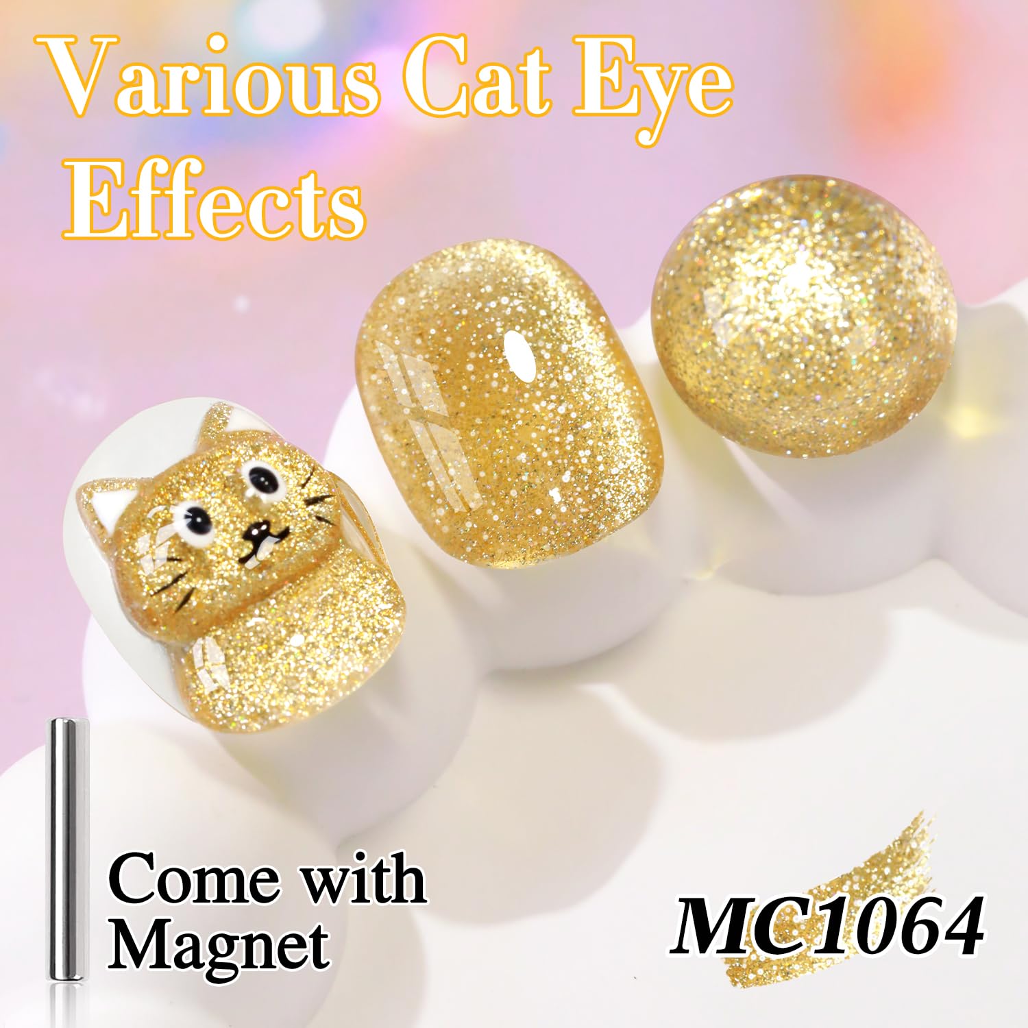 Double Rhythm Cat Eye Gel Polish with Magnet 15ML Holographic Glitter Shimmer Translucent Sheer Color Glass Magnetic Gel Polish Salon DIY at Home (Light Gold-MC1064)-Velvo Beauty