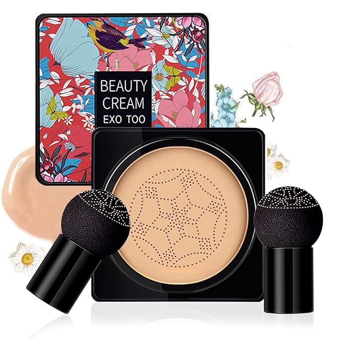 Mushroom Head Air Cushion CC Cream Foundation,Beauty Cream EXO TOO Moisturizing BB Cream, Long Lasting Matte Concealer with 2PCS Mushroom Head Sponges (Natural)-Velvo Beauty