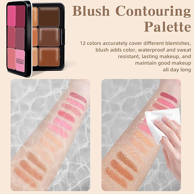 Cream Blush & Concealer Palette, 12 Colors, Long Wearing, Smudge Proof, Blendable Matte Finish, Face Makeup (02)-Velvo Beauty