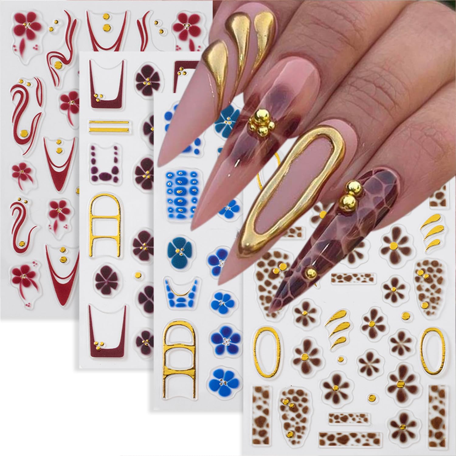 5 Sheets Autumn Winter Flower Nail Art Stickers 3D Self-Adhesive Nails Stickers Floral Strawberry Daisy Pattern French Tip Design Wine Red Brown Blue Gold 3D Decals Women DIY Nail Art Decoration-Velvo Beauty