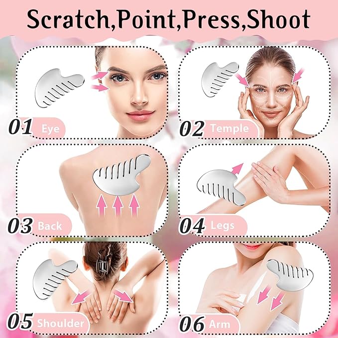 Gua Sha Facial Tool and Face Roller Set, Stainless Steel Lymphatic Drainage Massager for Face, Head, Eyes, Chin and Jaw, Lifting, Massage Scraping with Travel Pouch-Velvo Beauty