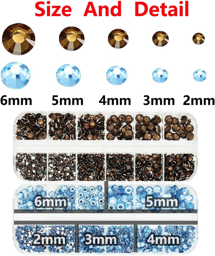 Rhinestones for Bedazzling with B7000 Glue, Light Blue Brown 2mm 3mm 4mm 5mm 6mm (SS8-SS30) Non-Hotfix Flatback Diamonds Kit, Nail Crystals Gems Beads for Bedazzle Crafting, DIY Nail Art-Velvo Beauty