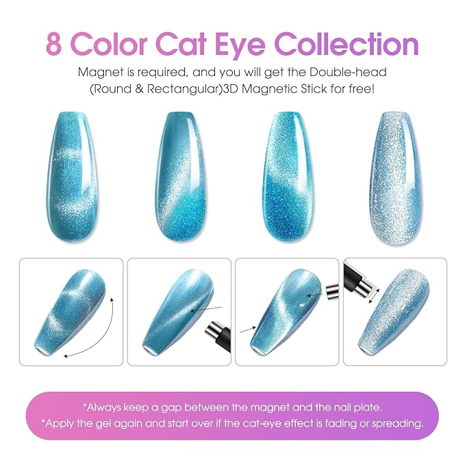 ROSALIND Cateye Gel Polish, 8 Colors Holographic Magnetic Cat Eye Gel Nail Polish Set with Magnet, Red Blue Purple Black Gel Polish Galaxy Collection Nail Art Gift DIY at Home-Velvo Beauty