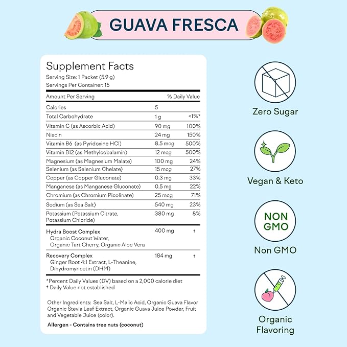 Feel Goods Hydration Hero, 1,000mg Electrolytes Powder, Sugar Free, Magnesium, Organic Coconut Water, L Theanine, Vitamin C & B12, Non GMO, Keto, Vegan, Electrolyte Packets | Guava Fresca, 15 Count-Velvo Beauty