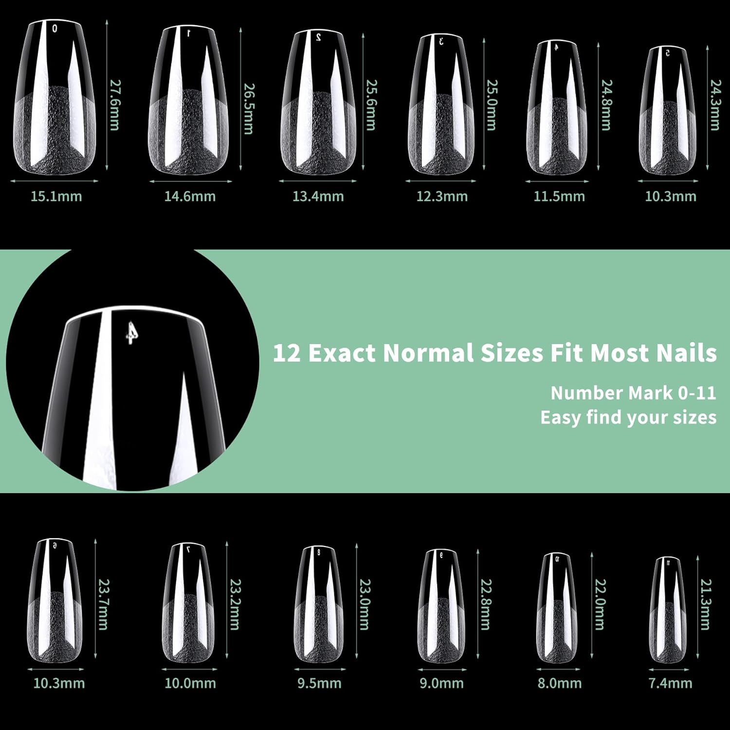 Medium Coffin Nail Tips, 216pcs Acrylic Ballerina Soft Fake Nails Gel Nail Tips, Full Cover Pre-Shaped Matte Clear Press on Nails for Extension, Diy at Home Manicure 12 Sizes-Velvo Beauty
