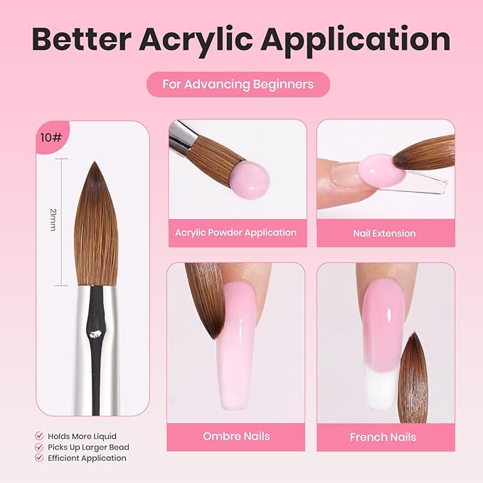 Beetles Acrylic Nail Brush Kolinsky Hair Bristles Round Shaped Metal Handle Nail Art Brushes for Manicure Extension Acrylic Powder DIY at Home Manicure Tool - Size 10-Velvo Beauty
