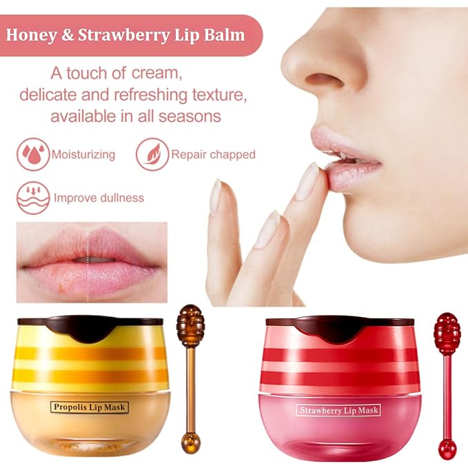 Bee Lip Balm Honey Pot,Honey Lip Mask Propolis Moisturizing Lip Balm with Stick,Hydrating and Prevention Dry and Cracked Lip Scrubs Exfoliator (2 PCS, Honey & Strawberry)-Velvo Beauty