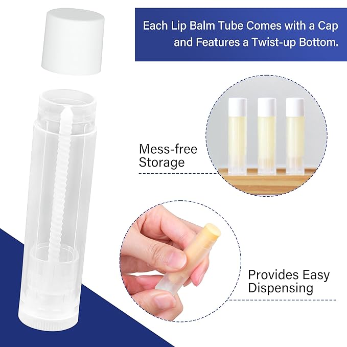 LotFancy Lip Balm Tubes, 60 Empty, 5.5ml, Clear Plastic Containers with 4 Color Caps, BPA Free, Leak Free, Refillable (Yellow White Blue Red)-Velvo Beauty