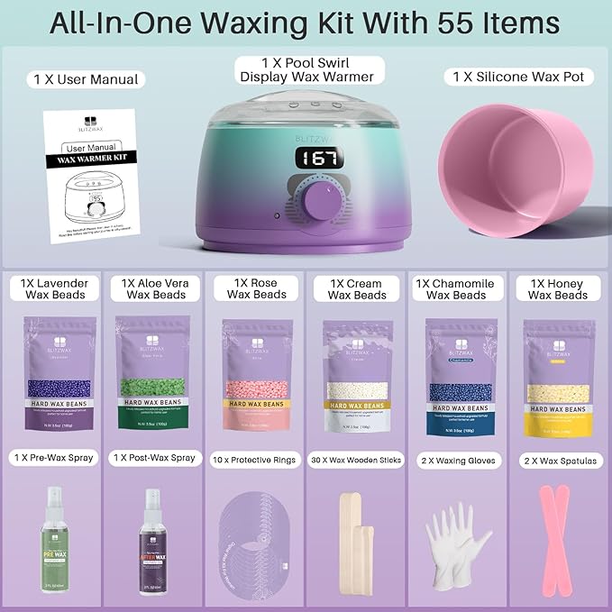 BLITZWAX Brazilian and Bikini Waxing Kit for Women, Hard Wax Warmer for Face, Legs, and Body, At Home Hair Removal Kit, Beginner Friendly, Quick Heating, 32pcs Wax Spatulas-Velvo Beauty