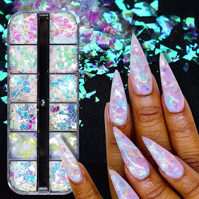 12 Colors Holographic Nail Art Glitter Sequins Aurora Holographic Mermaid Nail Glitter Flash Ice Residue Nail Glitter Sequin Chameleon Flakes Set Fluorescent Glass Paper for Face Body DIY Decoration-Velvo Beauty