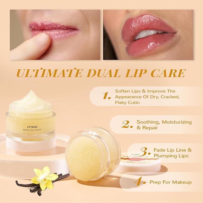 ANAI RUI Lip Mask and Scrub Set, Lip Sleeping Mask & Lip Exfoliator/Scrub for Exfoliating & Lip Overnight Treatment, Lip Care Gift Kits for Dry, Chapped & Dark Lips, Reduce Fine Lines, Vanilla-Velvo Beauty
