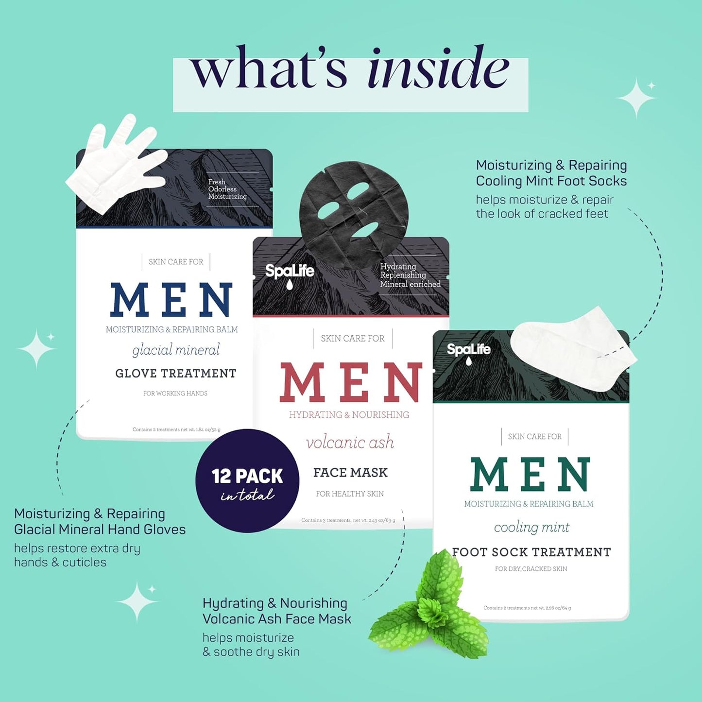 SpaLife Men's 12-Piece Spa Set: Repairing Hand Gloves for Dry Hands, Cooling Mint Foot Socks for Cracked Heels, and Moisturizing Face Mask Ultimate Men Grooming and Relaxation Gift Kit-Velvo Beauty