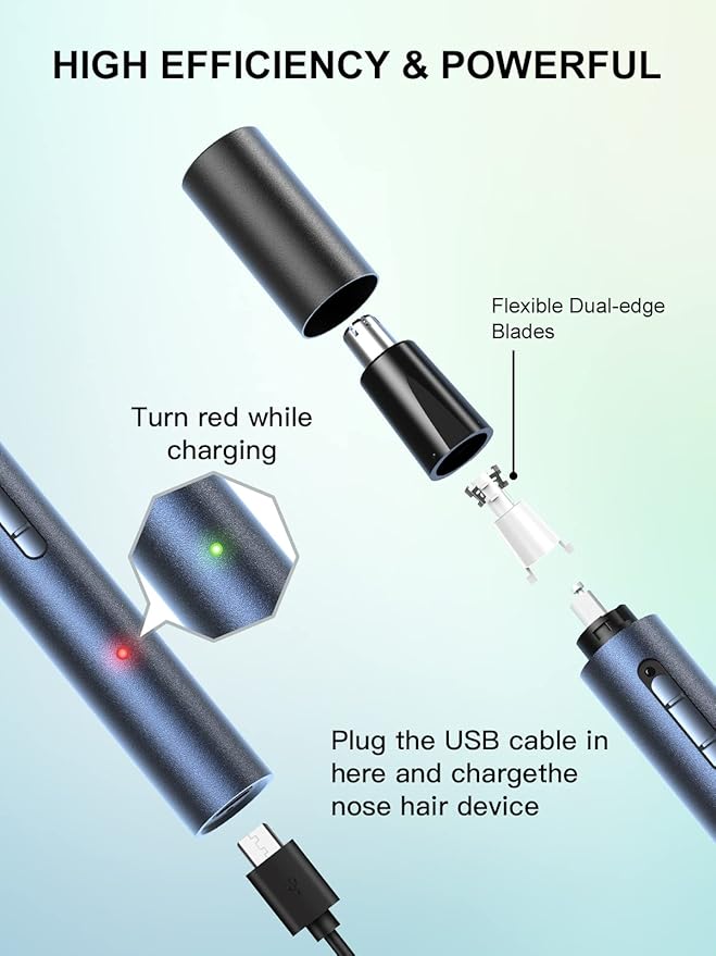 AHHFEI Nose & Ear Hair Trimmer, 5 in 1 Rechargeable USB Trimmer for Men & Women, Painless & Easy Cleansing, Blue-Velvo Beauty