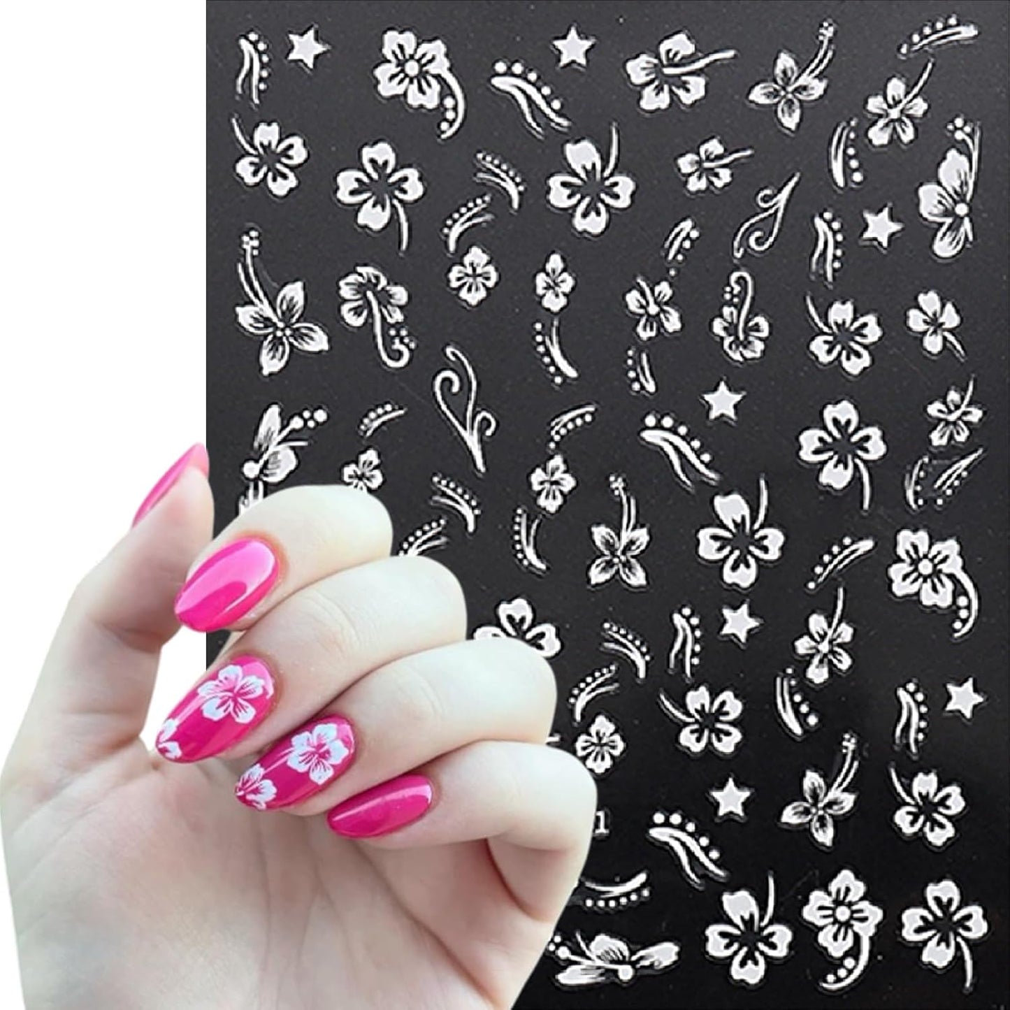 8 Sheets 3D Colored Flower Nail Stickers Summer Hibiscus Nail Decals 3D Self-Adhesive White Pink Gold Flower Pattern Women's Nail Art Supplies Decoration Accessories-Velvo Beauty